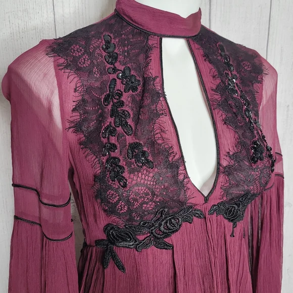Free People Sheer Bell Sleeve Mini Dress w/ Sequins and Embroidery, size Small - Picture 3 of 10